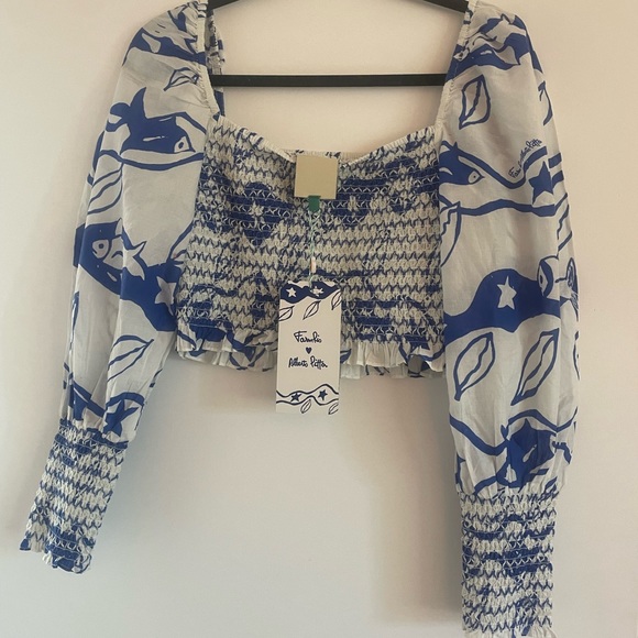 FARM Rio Off-White Pitta Waves Smocked Blouse Size Medium - Picture 7 of 8